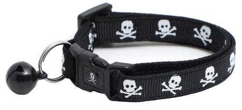 Black cat collar with skulls and crossbones design, featuring a bell and breakaway clip.