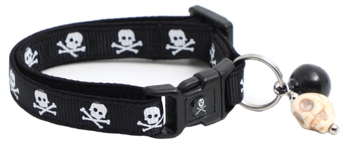 Black cat collar with skulls and crossbones design, featuring a removable bell and charm.