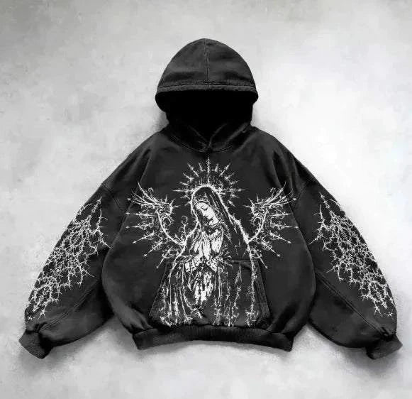 Vintage skull print hoodie with striking pattern and relaxed fit.
