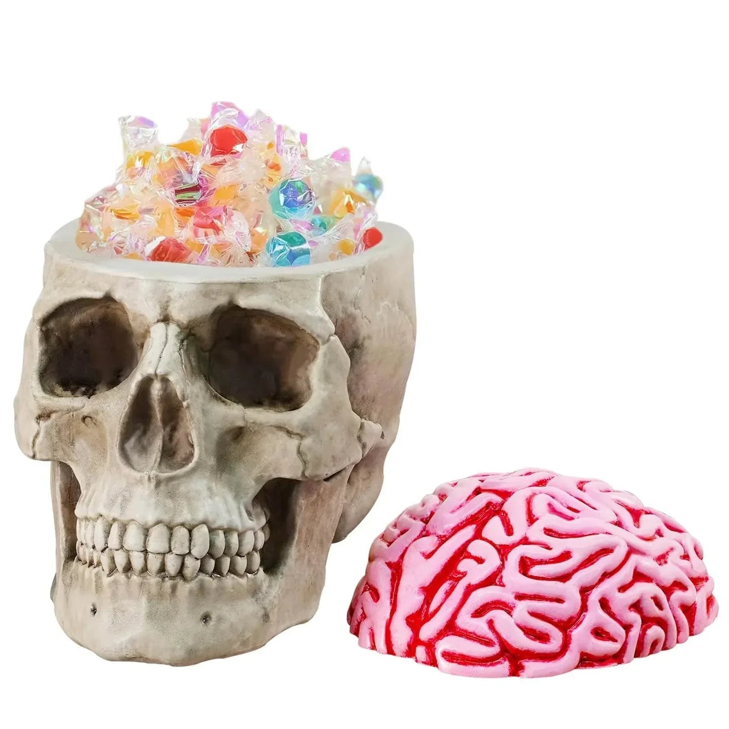 Poorbone Skull Bowl made of resin with brain cover, used as candy dish or flower pot.