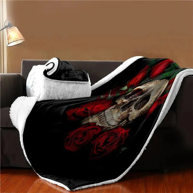Red Rose Skull Blanket, Fleece Throw, Skull Head Blanket
