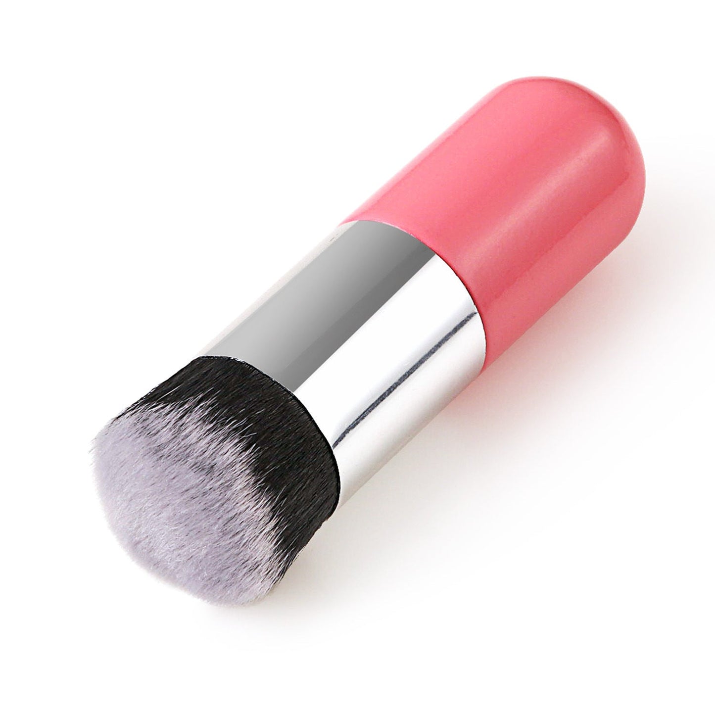 Flawless Finish Foundation Brush with pink handle, synthetic fiber bristles, and portable design.
