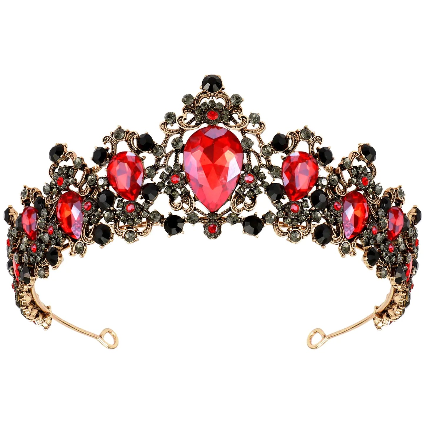 Golden Gothic crown with red and black crystals, featuring a vintage opulent design.