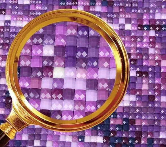 Skull Butterfly DIY diamond painting detail with purple diamonds and magnifying glass.