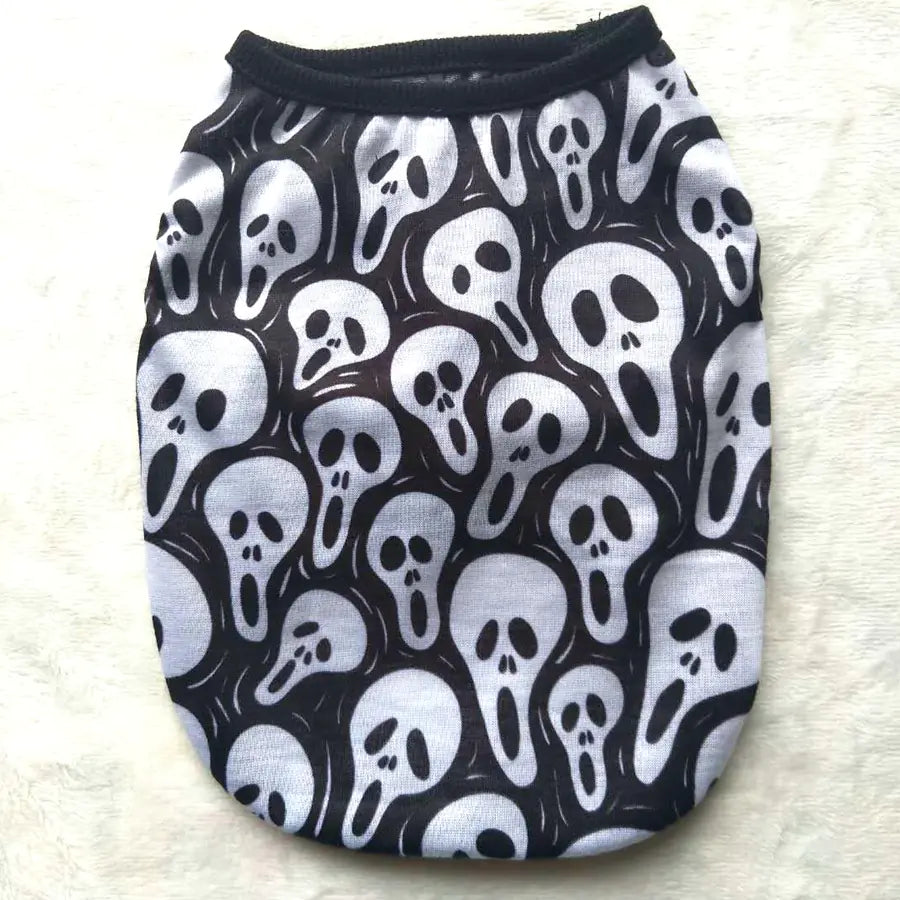 Black skull ghost head design pet shirt for Halloween.