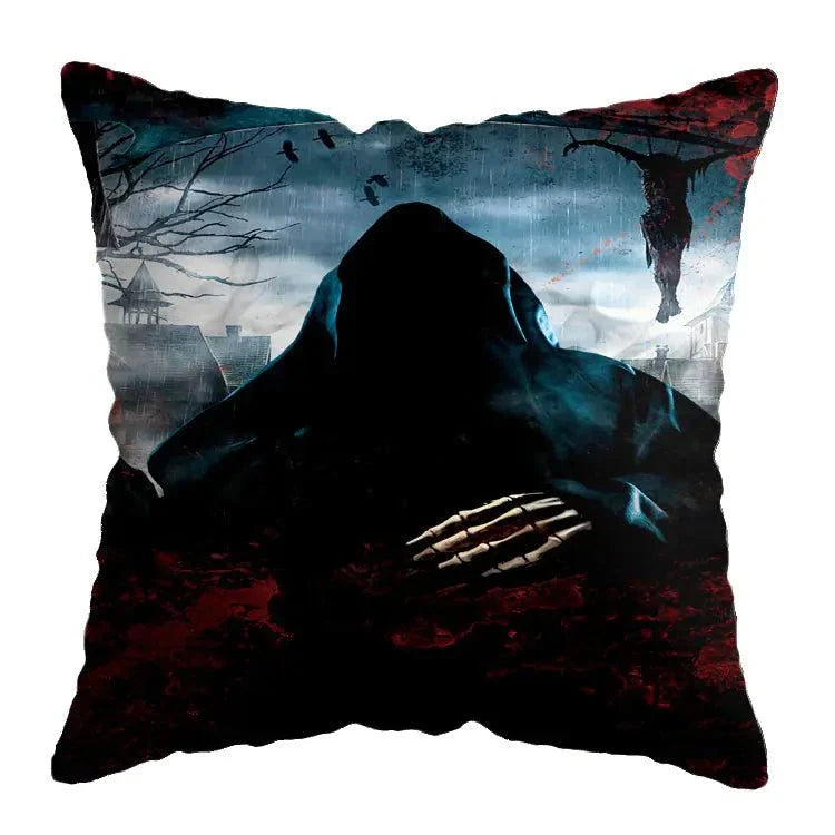 Linen Skull Halloween Pillow Cover with spooky skull design, 45x45cm, perfect for festive decor.