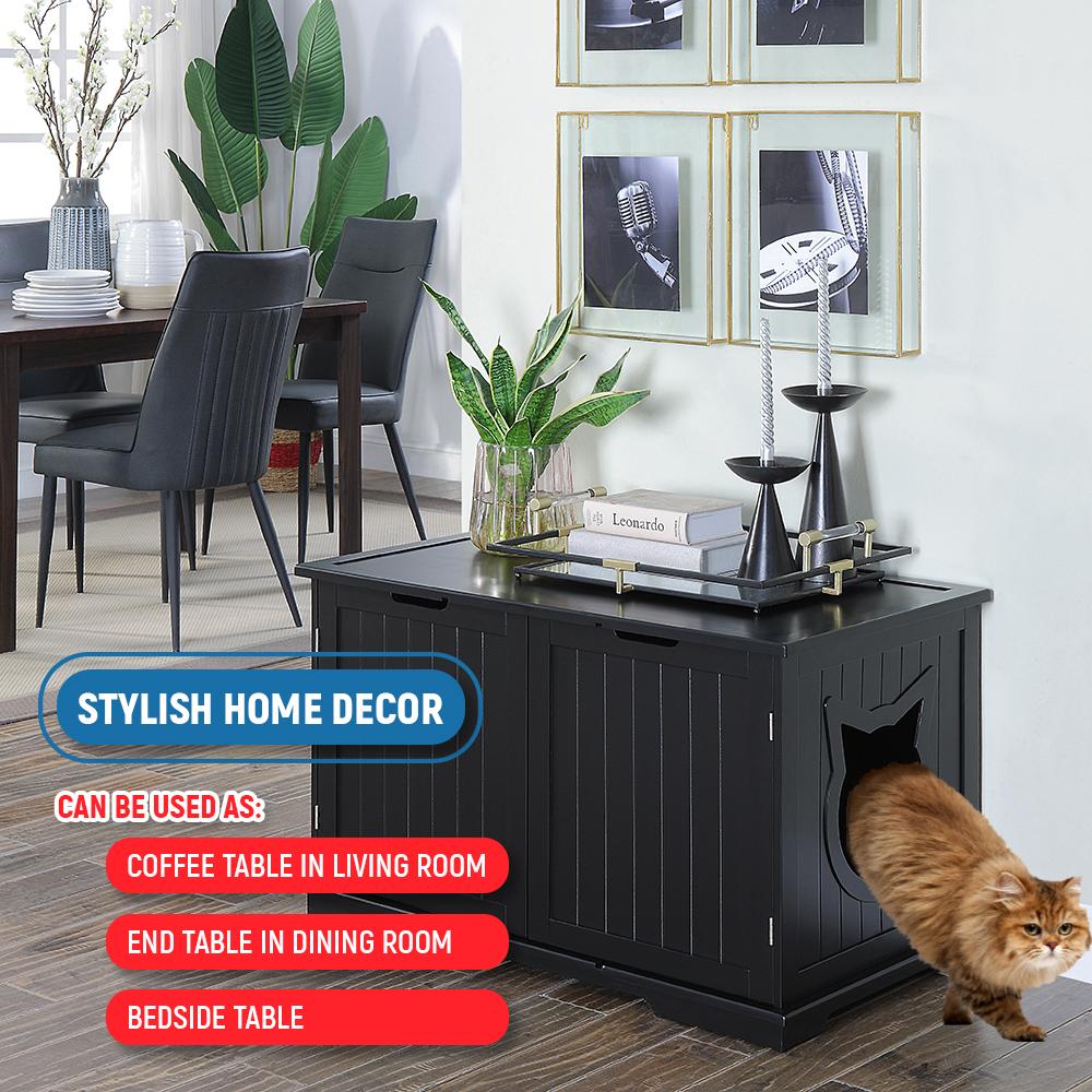 X-Large Cat Washroom Bench Litter Box Enclosure in black finish, serving as stylish home decor and hidden litter box solution.
