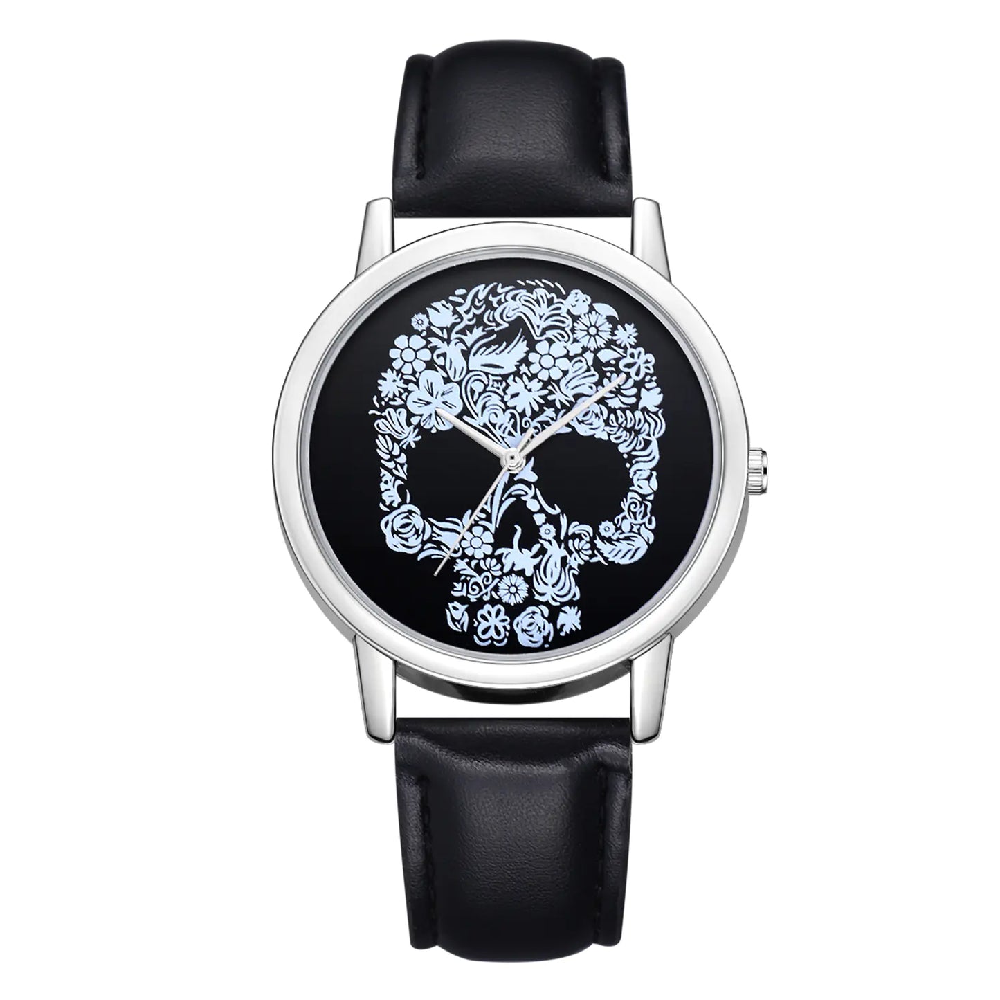 Skull Icon Quartz Watch with floral skull design and light blue strap.