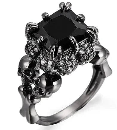 Fashion Black Skull Zircon Ring with skull design and sparkling zircon gems.