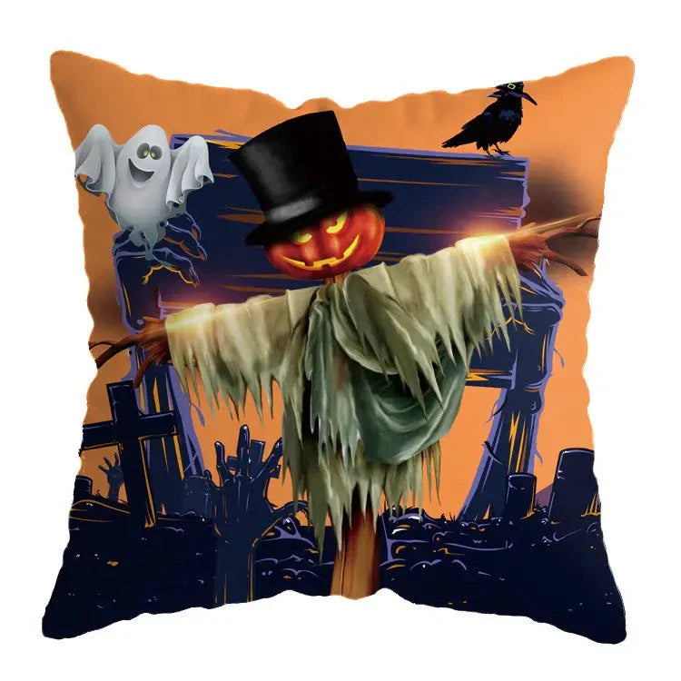Linen Skull Halloween Pillow Cover with spooky skull design, 45x45cm, made from high-quality linen.