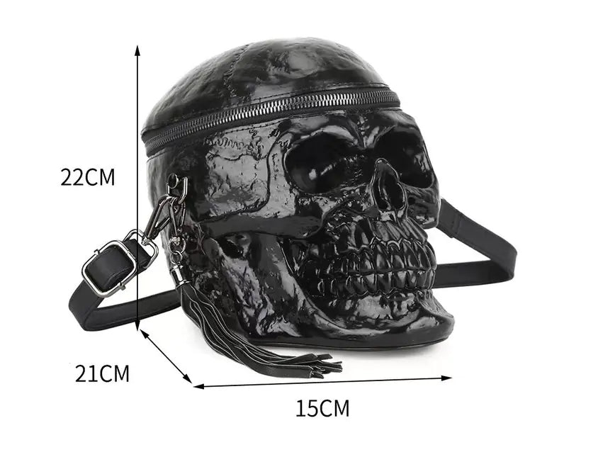 Black Skull Charm Shoulder Bag in PU material with gothic design.