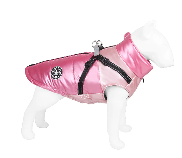 Stylish pink pet outfit with harness on mannequin.