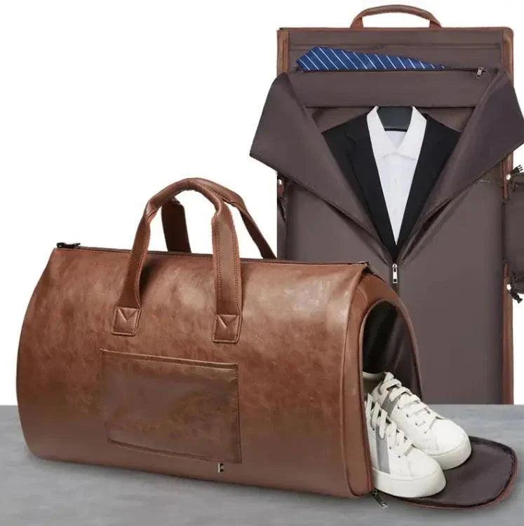 Waterproof leather duffle bag with adjustable strap and spacious interior.