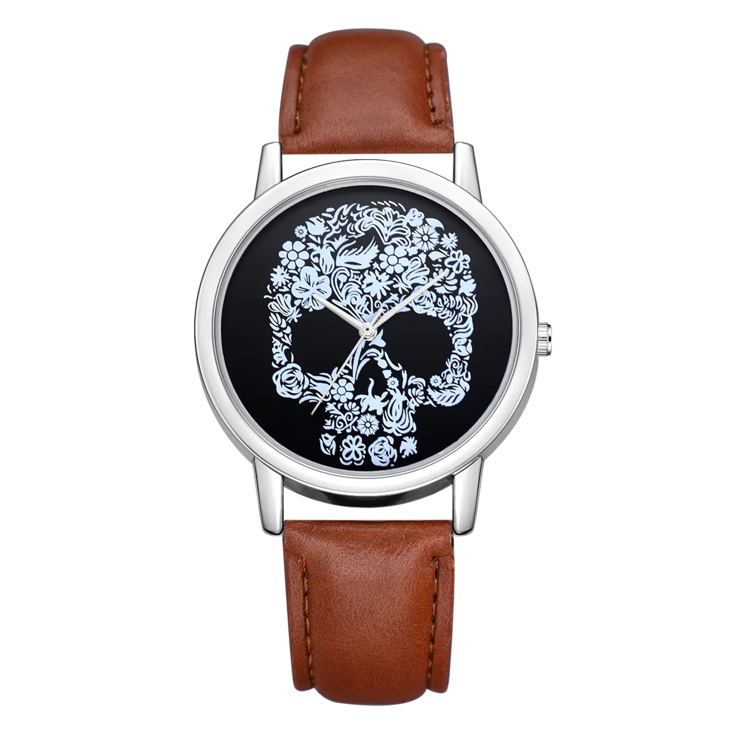 Skull Icon Quartz Watch with floral skull design and light blue strap.