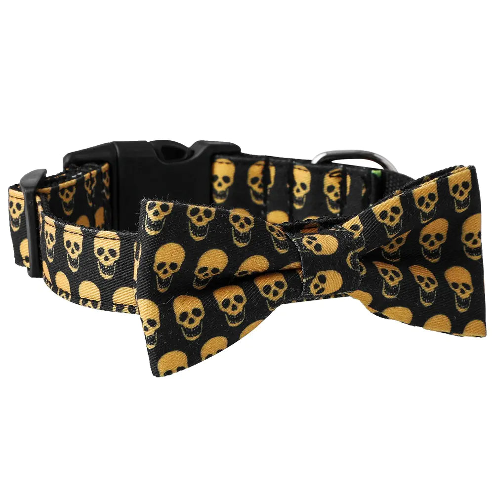 Gothic Charm Pet Collar Set with skull pattern and bowtie design, part of the Skull Bat Accessories Pet Leash Collar collection.