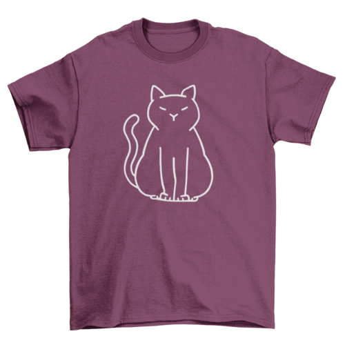 Minimalist cat t-shirt with a simple stroke cat design on a purple background.