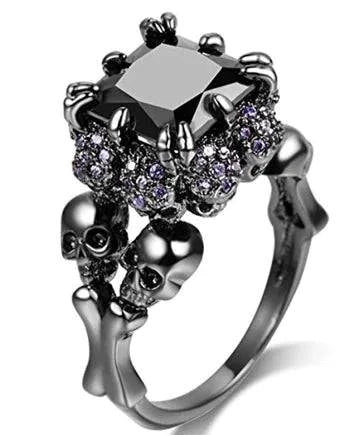 Fashion Black Skull Zircon Ring with skull design and sparkling zircon gems.