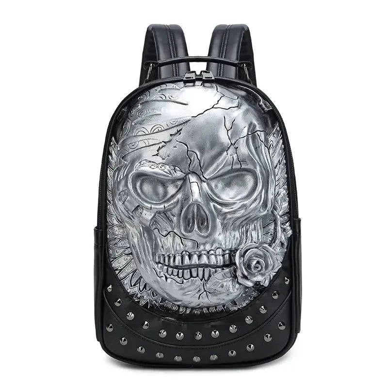 Three-dimensional embossed skull backpack with PU leather design and anti-theft features.