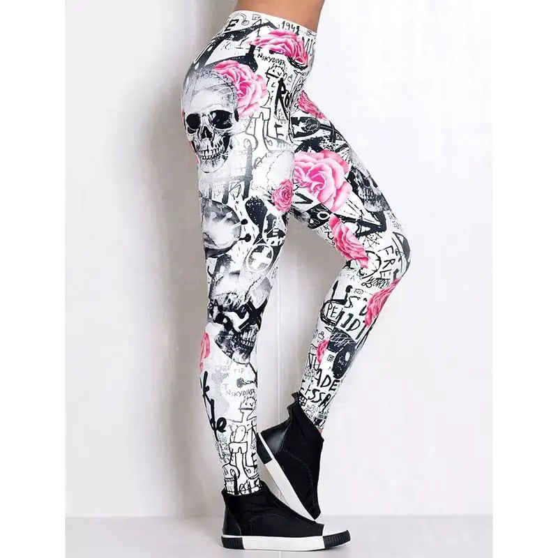 Women's Skull Witch Graphic Leggings with pink floral accents, side view.
