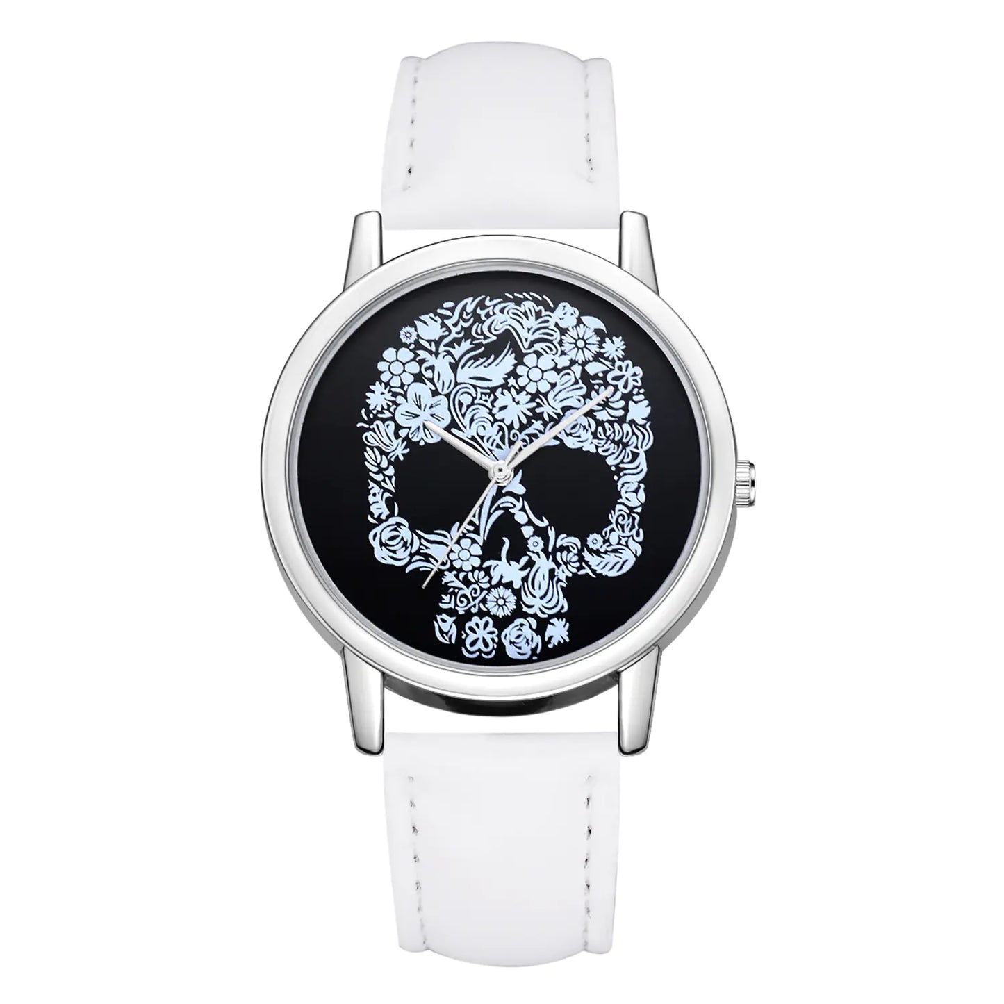 Skull Icon Quartz Watch with floral skull design and light blue strap.