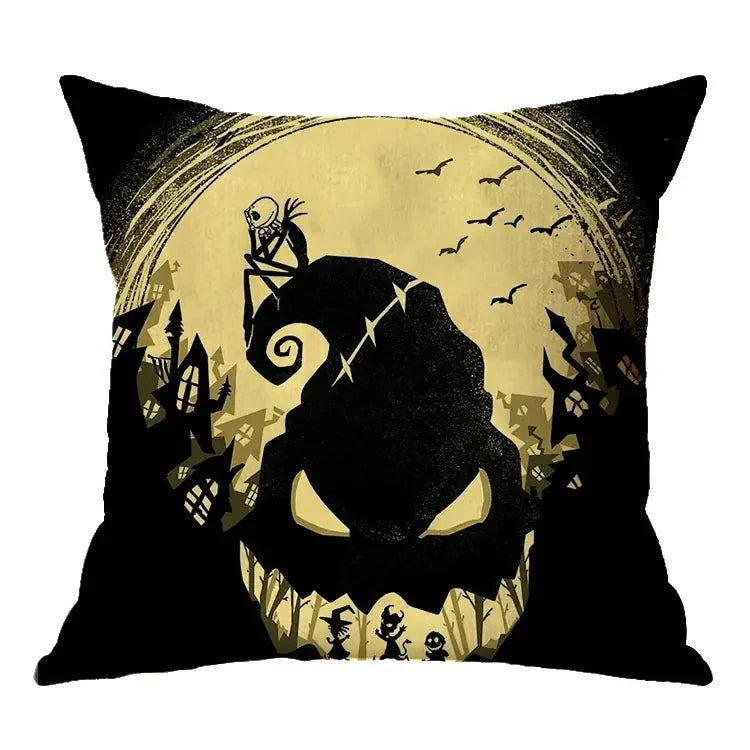 Linen Skull Halloween Pillow Cover with spooky design and vibrant colors.