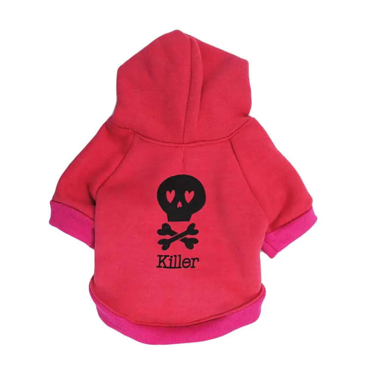 Spooky Skull Fleece Dog Hoodie in red with black skull design, perfect Halloween outfit for dogs.