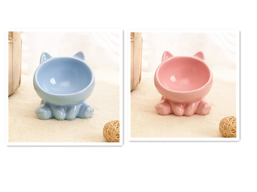 Ceramic cat bowls with neck guard in blue and pink.