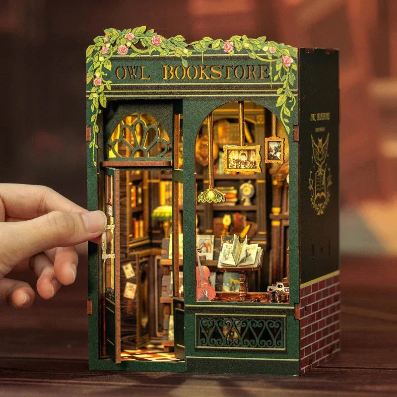 Miniature DIY Cottage Book Stand with detailed design and easy assembly, perfect for organizing books.