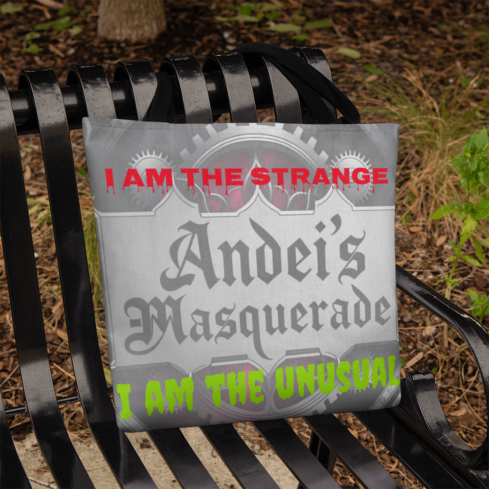 Strange & Unusual Tote Bag on a park bench with custom text design.