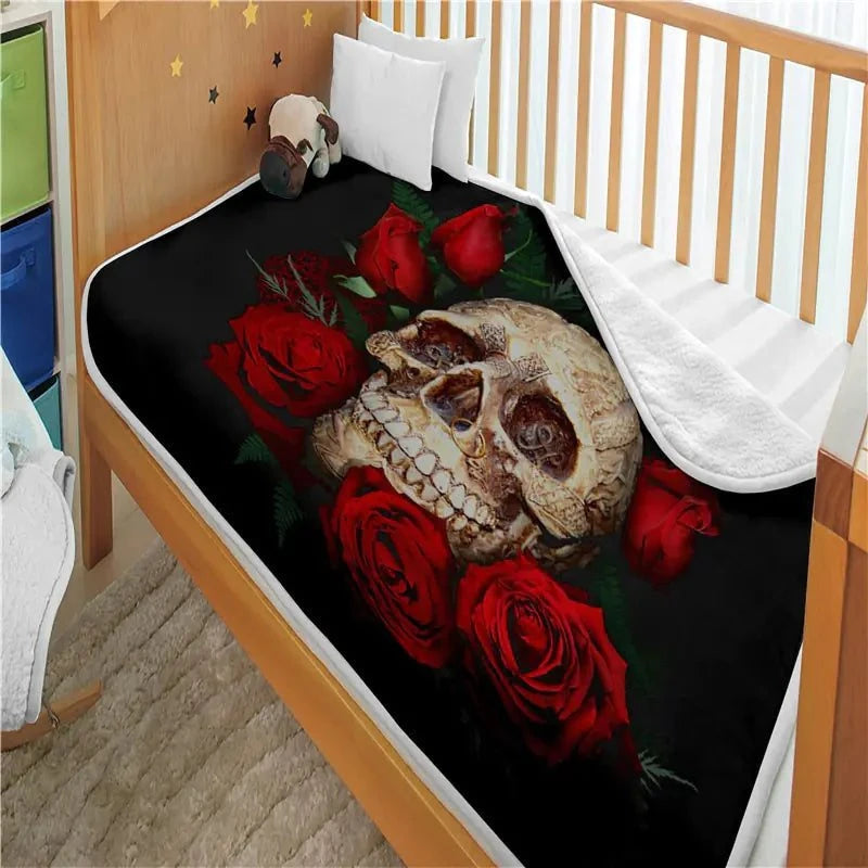Red Rose Skull Blanket, Fleece Throw, Skull Head Blanket