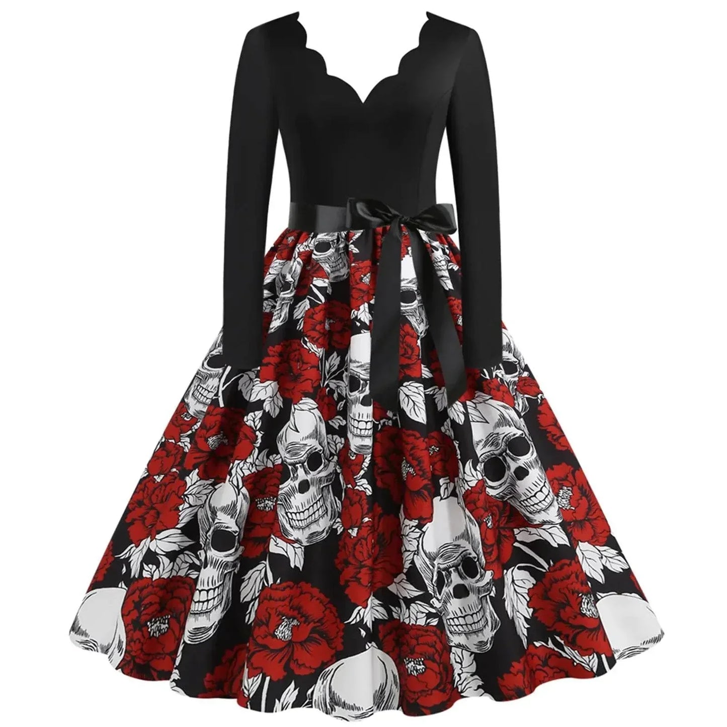 Chic skull pattern midi dress with a V-neck, long sleeves, and bold swing skirt design.