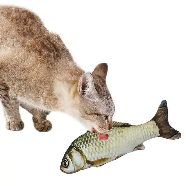 Cat playing with Creative Fish Shape Pet Toy, a durable, bite-resistant plush toy filled with catnip, designed to stimulate and engage cats.