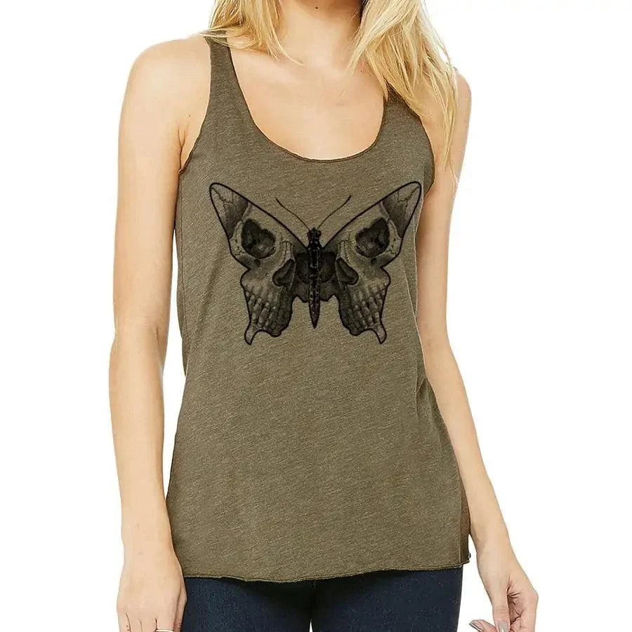 Butterfly skull racerback tank in olive, featuring a hand-printed design, made in Oakland, CA.
