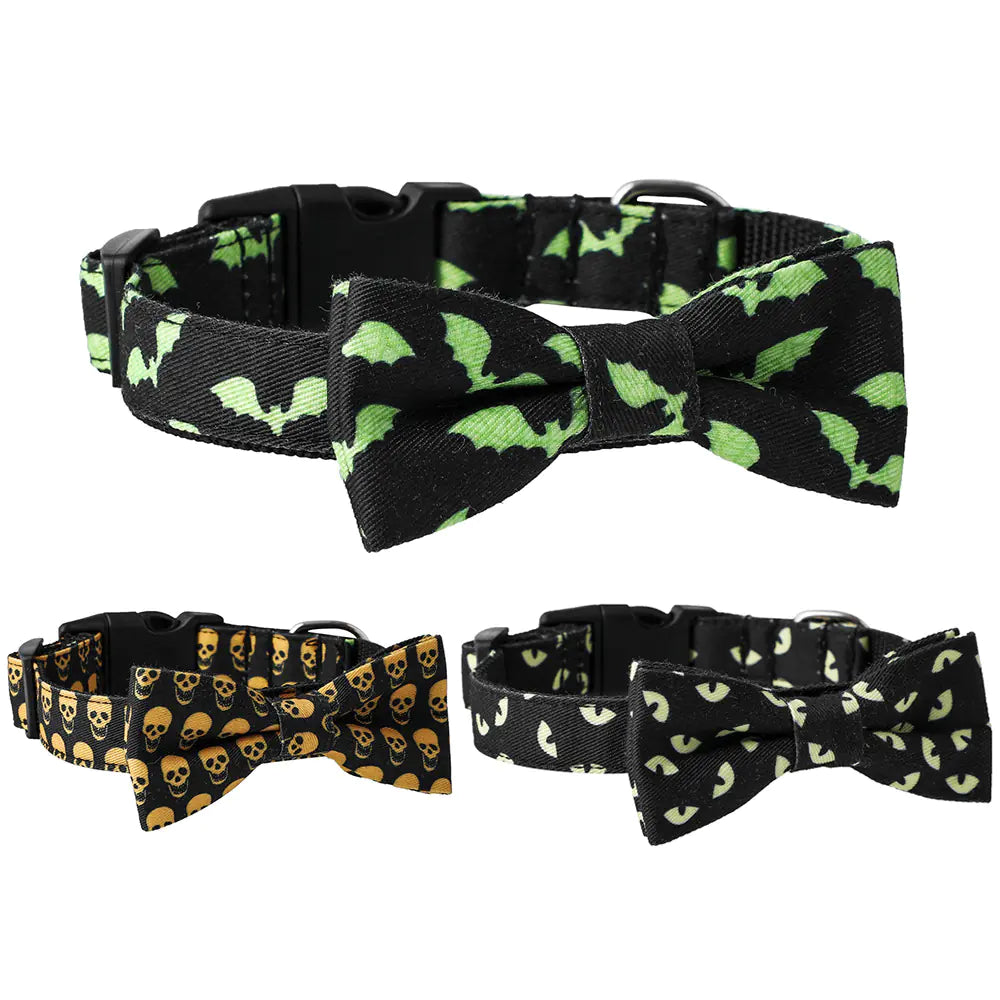 Gothic Charm Pet Collar Set with skull, bat, and ghost eyes designs in nylon for dogs.