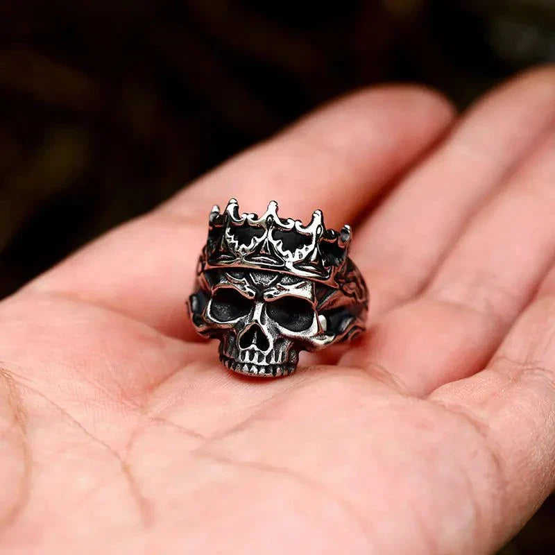Rebel Skull Titanium Crown Ring with punk skull and crossbones design.