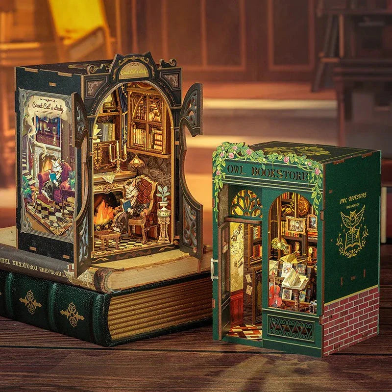 Miniature DIY cottage book stand with intricate design and books around it.