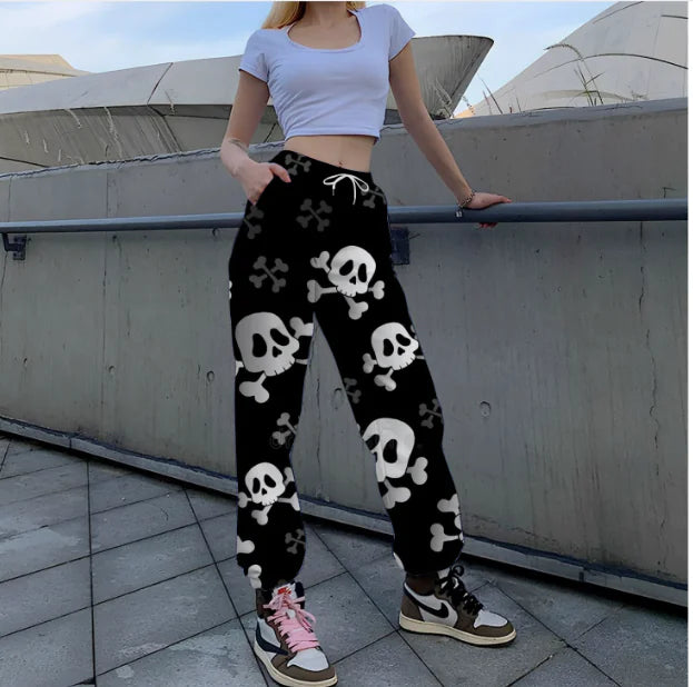 Skull Motif High-Waist Pants