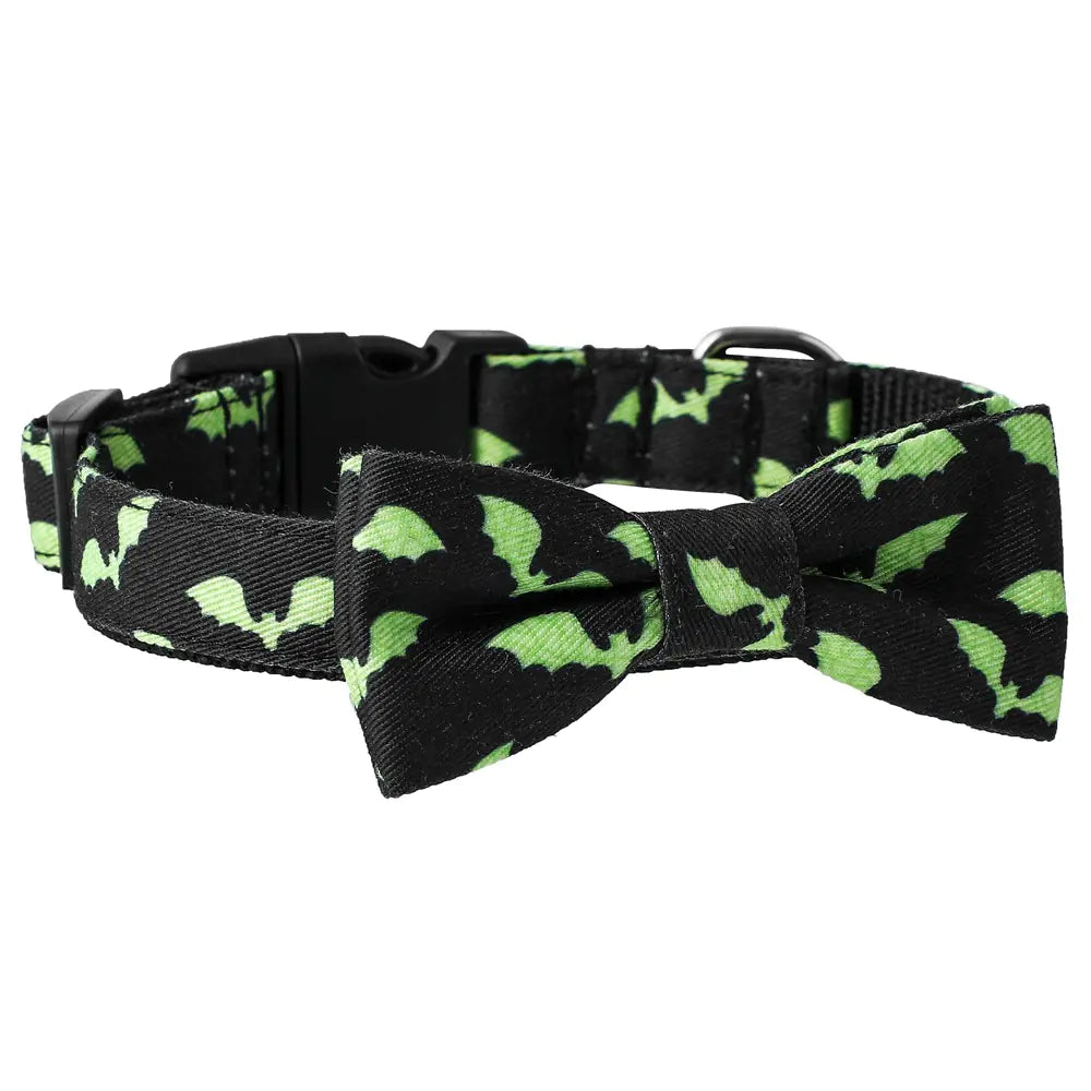 Skull Bat Accessories Pet Leash Collar with green bat design, stylish and durable for pets.