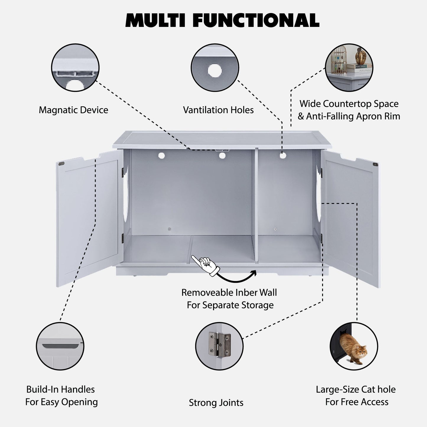 Multi-functional cat washroom bench with ventilation holes, removable inner wall, and cat access hole, featuring a wide countertop and magnetic device for easy opening.