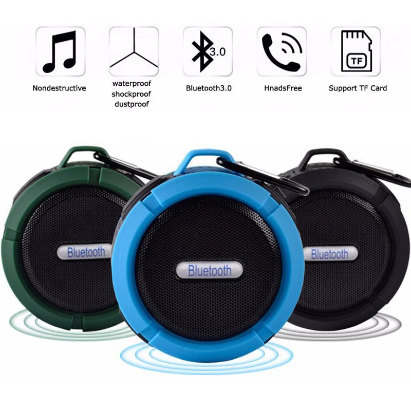 mini portable waterproof Bluetooth speakers with suction cups in green, blue, and black