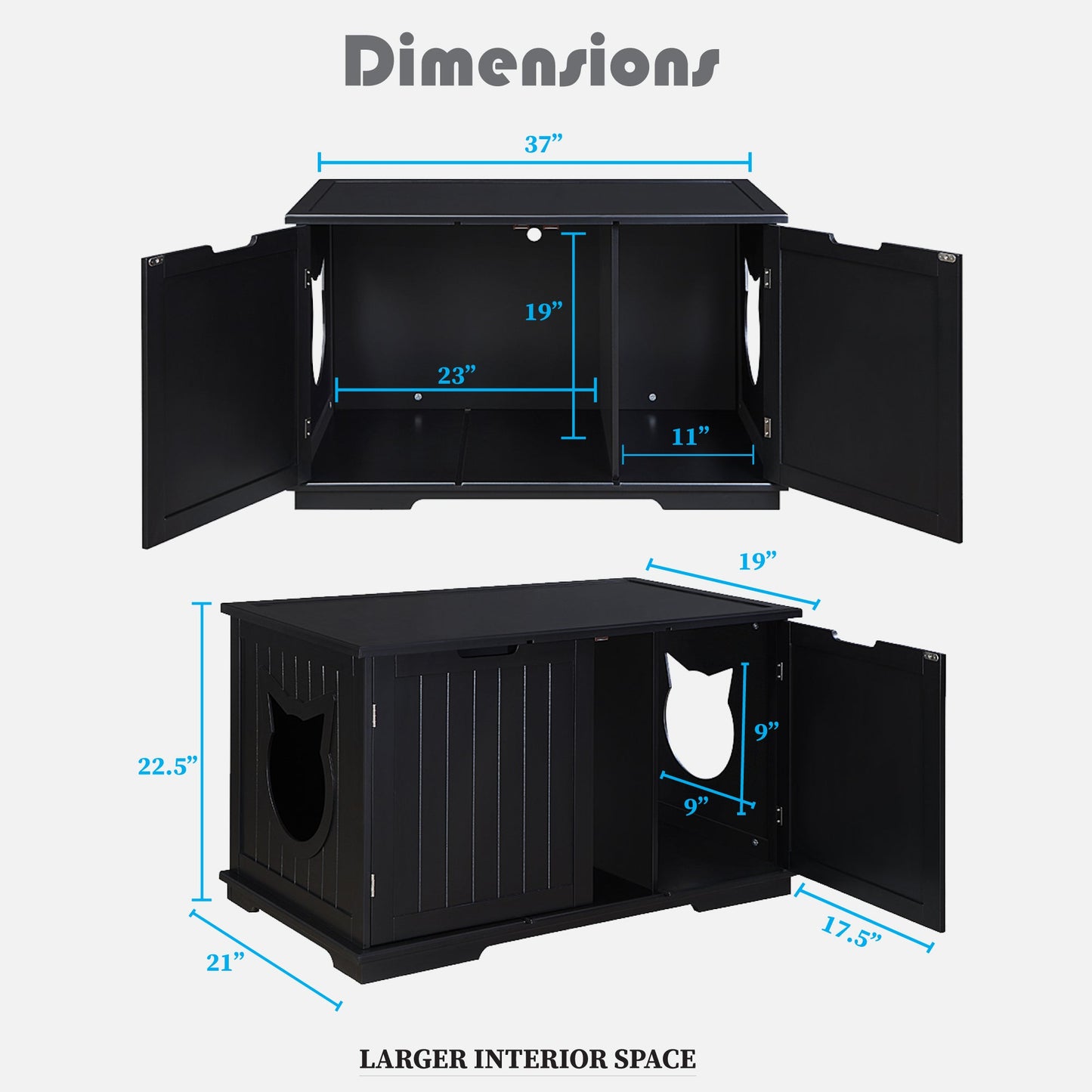 X-Large cat washroom bench with adjustable entrance, removable partition, and wooden finish, dimensions displayed.