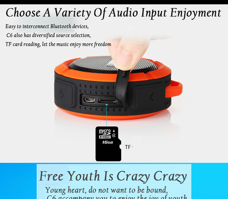 Mini portable waterproof Bluetooth speaker with suction cup and TF card slot.
