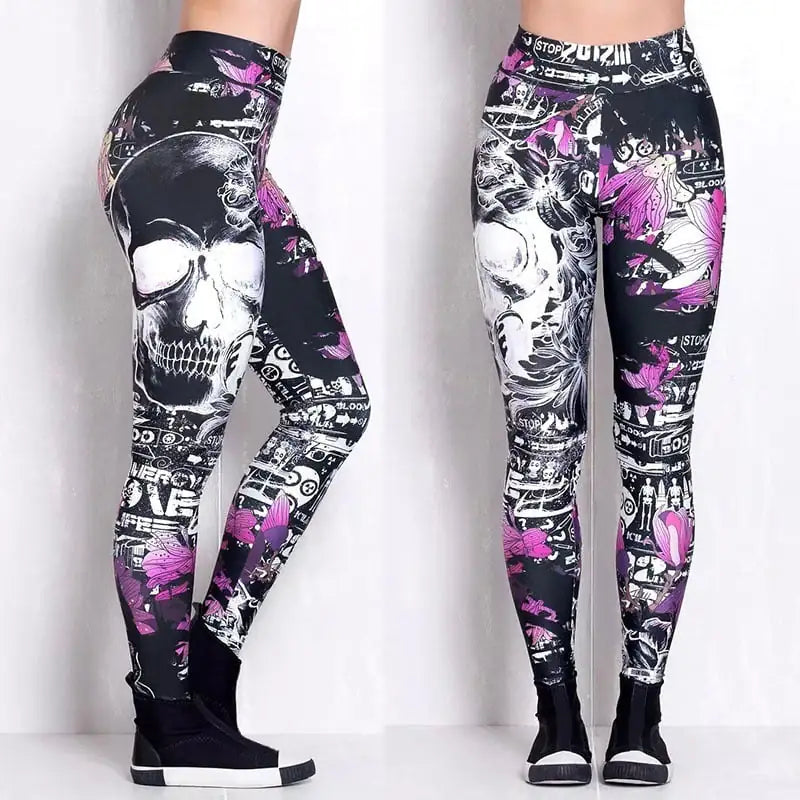 Women's Skull Witch Graphic Leggings with pink floral accents, side view.