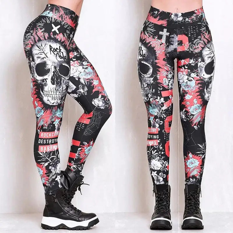 Women's Skull Witch Graphic Leggings with pink floral accents, side view.