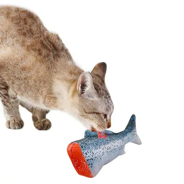 Cat playing with Creative Fish Shape Pet Toy, featuring a realistic fish design and vibrant colors.
