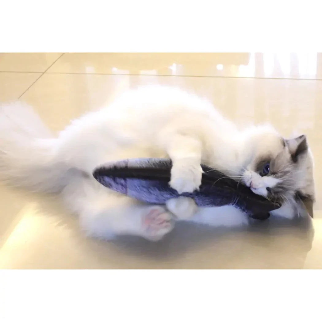 Creative Fish Shape Pet Toy with catnip, engaging a playful cat on the floor.