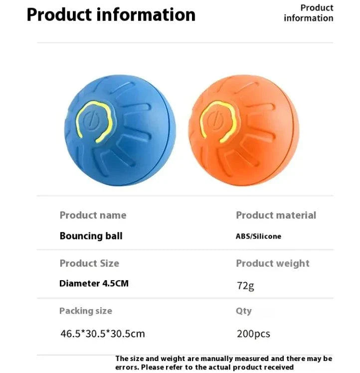 Smart dog toy ball in blue and orange silicone/ABS, battery-operated, 42mm diameter.