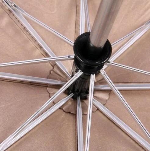 Folding umbrella with sturdy metal rib structure and skull design.