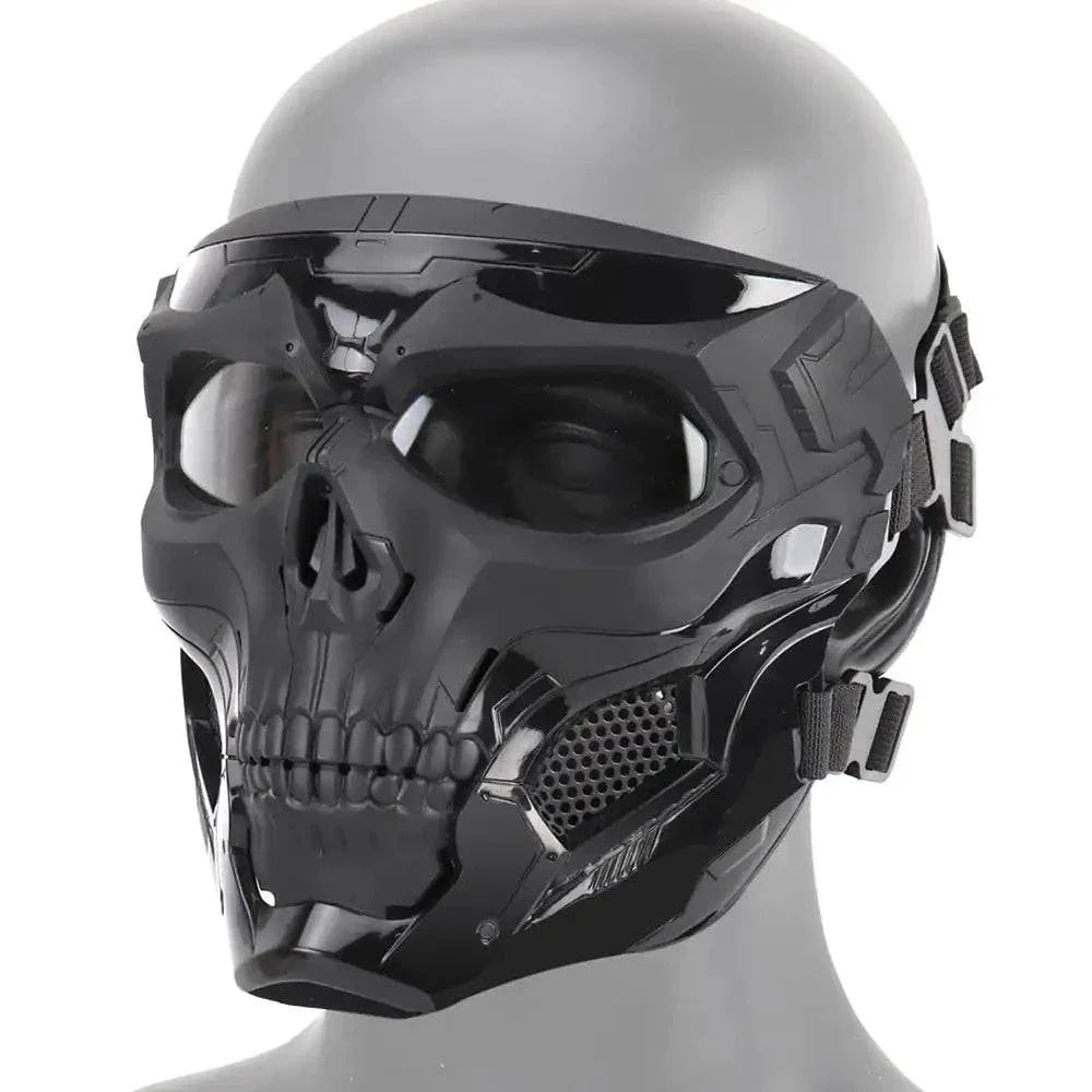 Black Skull Horror Helmet Mask with transparent protective goggles, made of durable nylon and fiber for tactical and outdoor use.