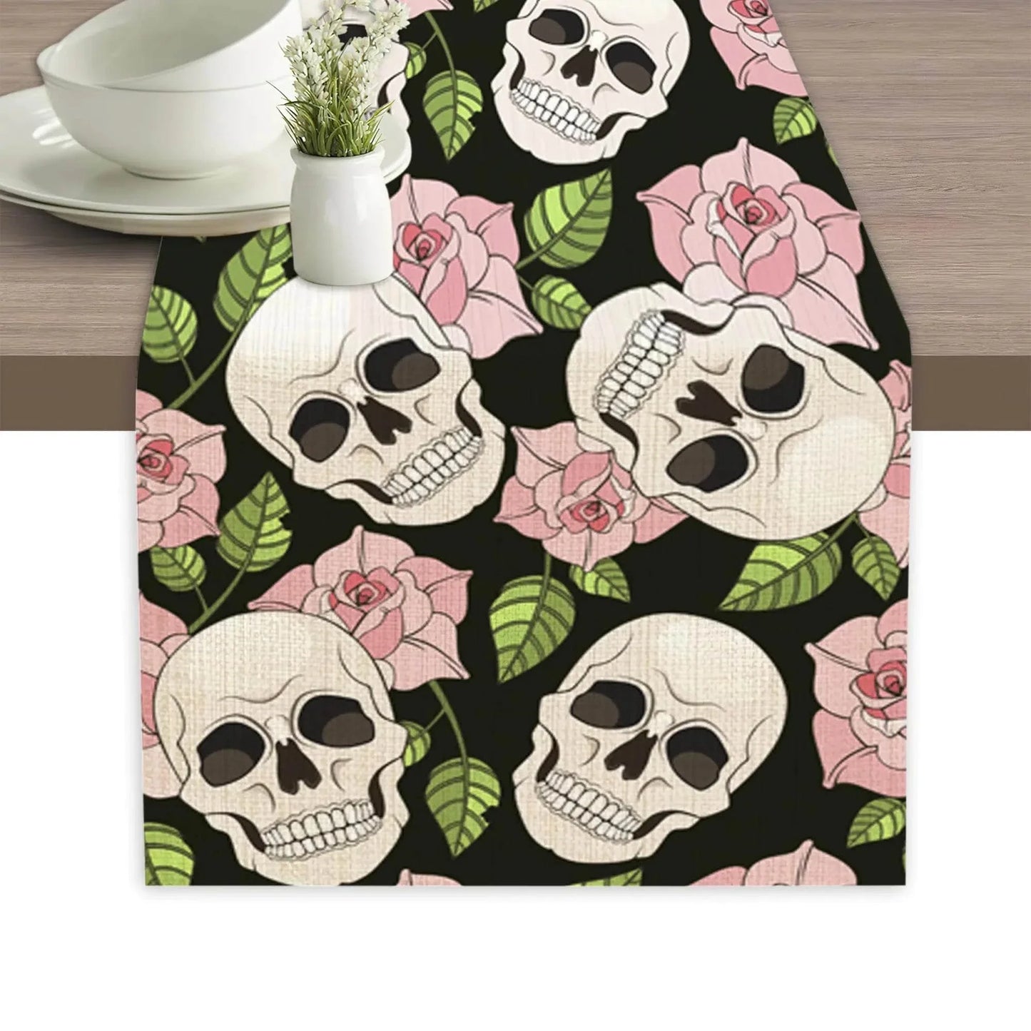 Floral Skull Linen Table Runner 13x70